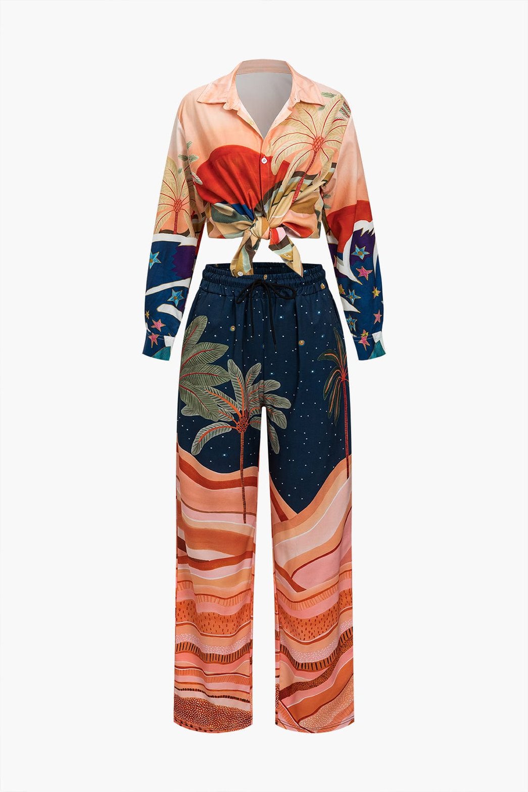 Ensemble tropical chemise et pantalon palmier vue avant soleil