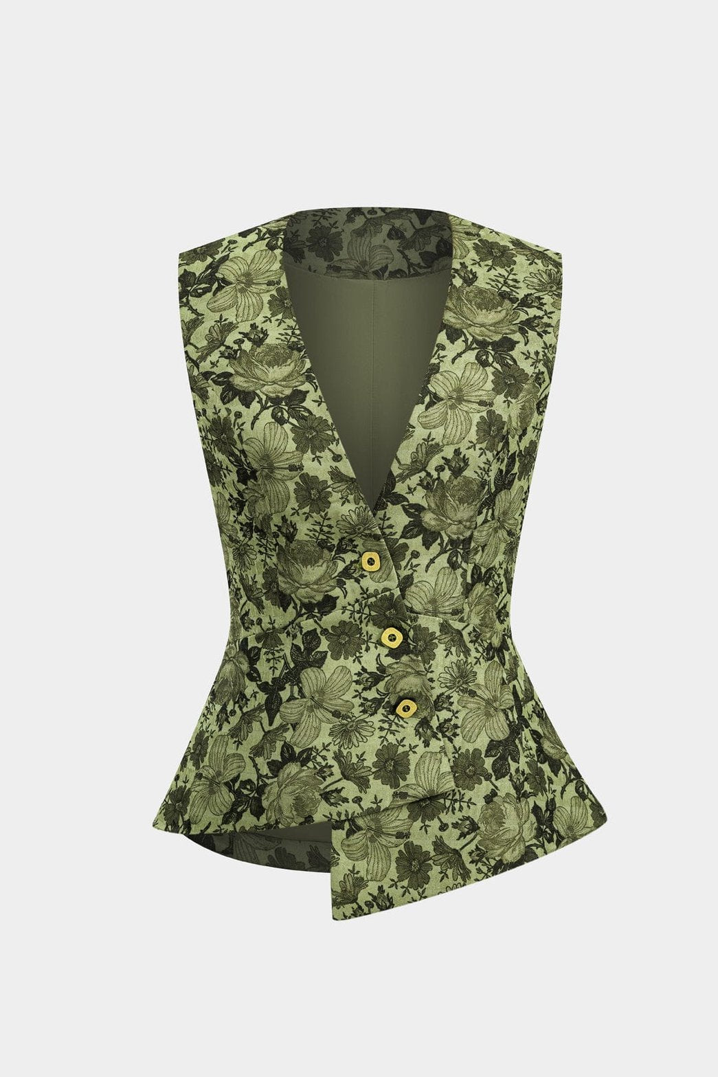 Gilet floral vert ajusté avec boutons décoratifs soleil