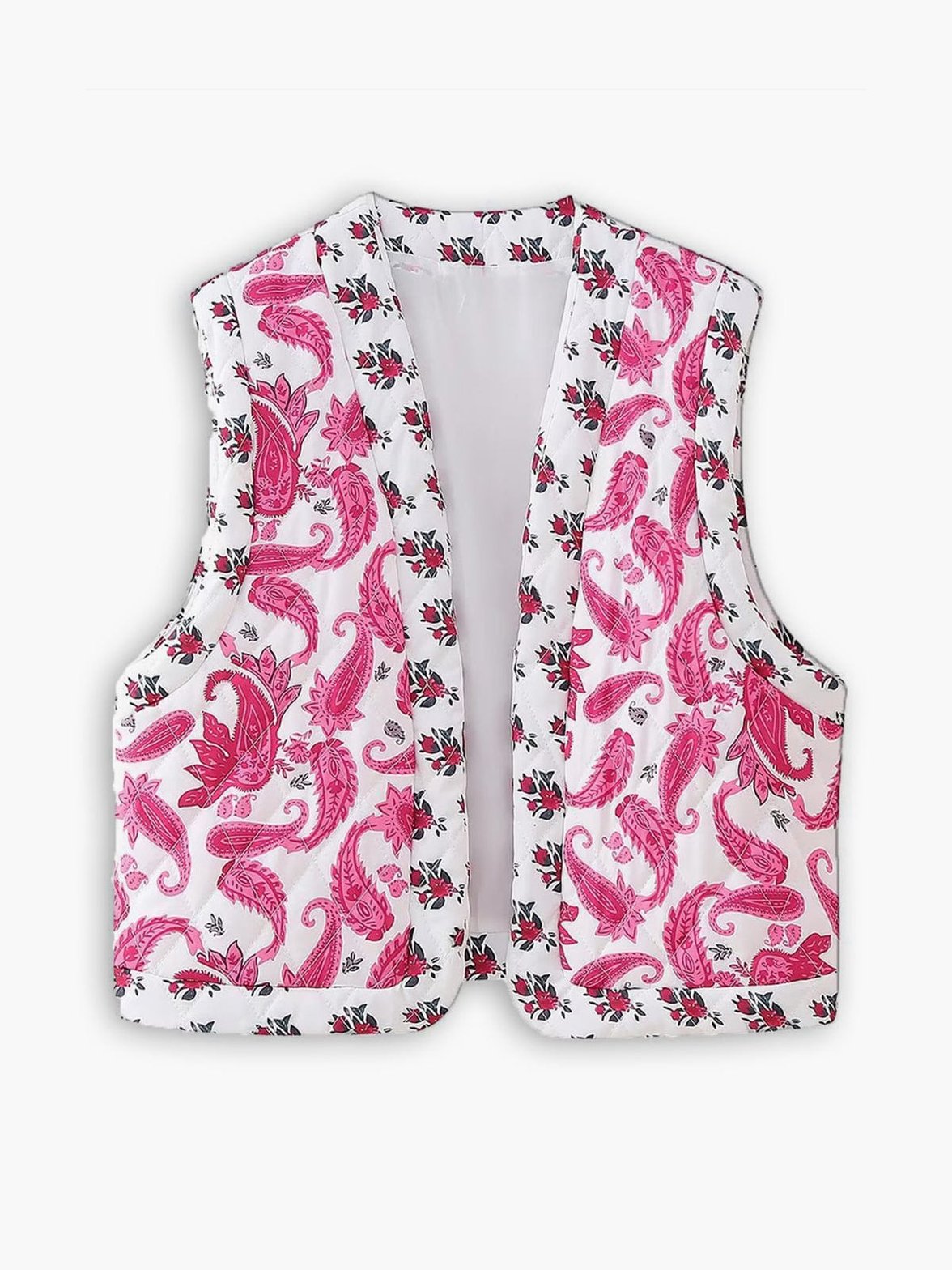 Gilet blanc à motif cachemire rose doux