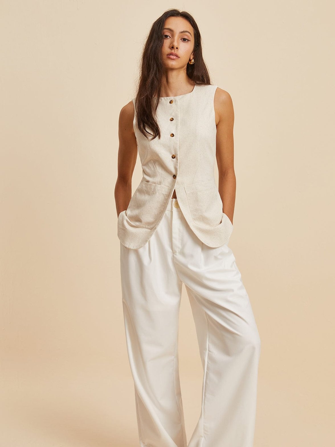 Gilet lin beige détail poche légèreté