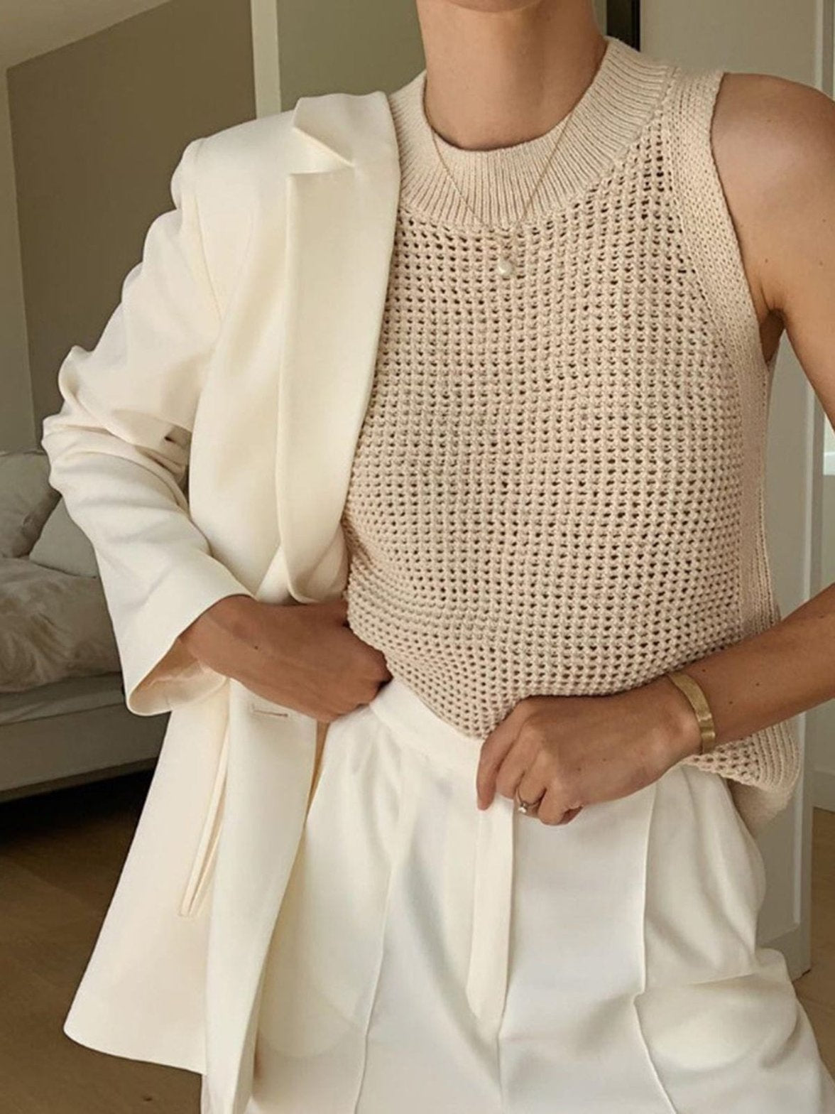 Gilet tricot beige vue portée style