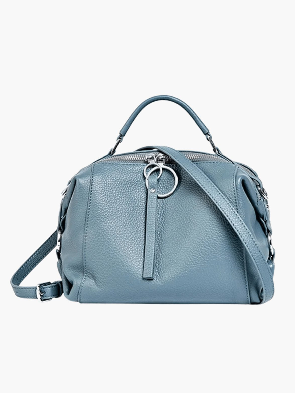 Sac en cuir bleu vue avant soleil