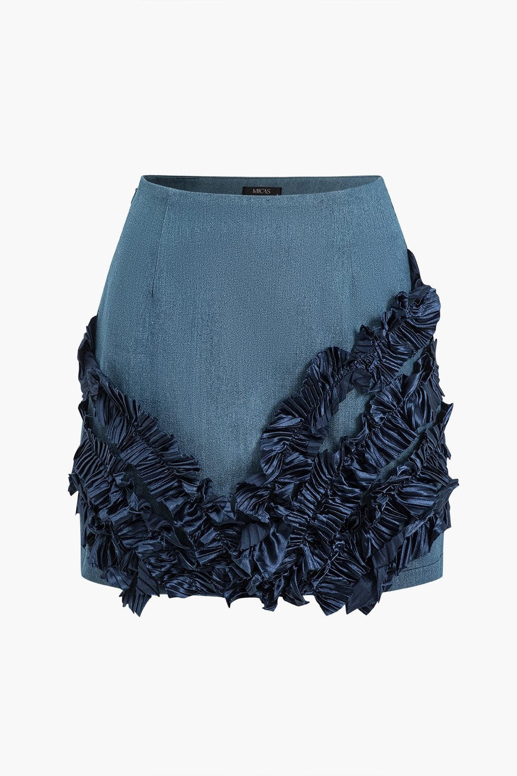 Jupe en denim asymétrique avec volants décoratifs bleus soleil