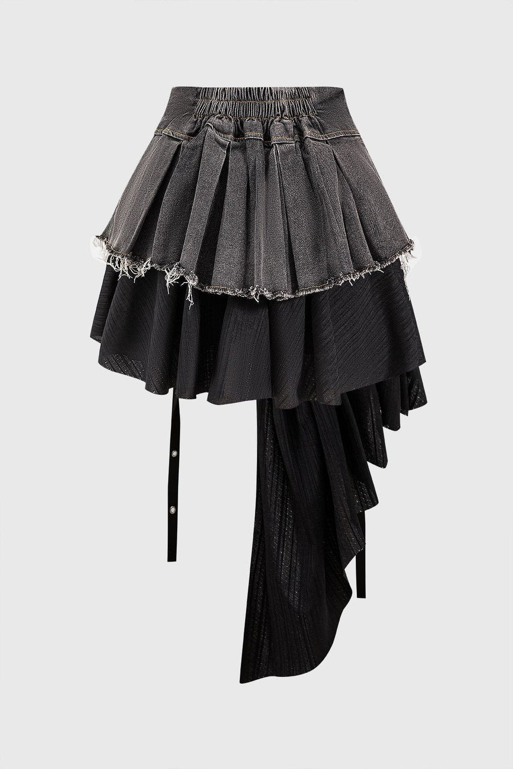 Jupe denim patchwork asymétrique détail couture vent