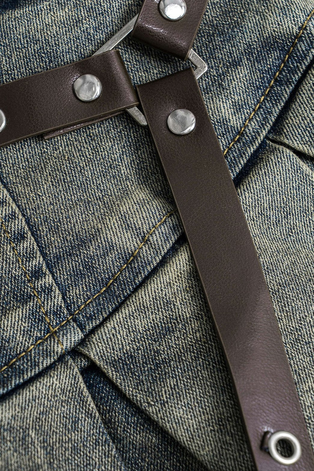 Jupe denim patchwork asymétrique vue latérale étoile