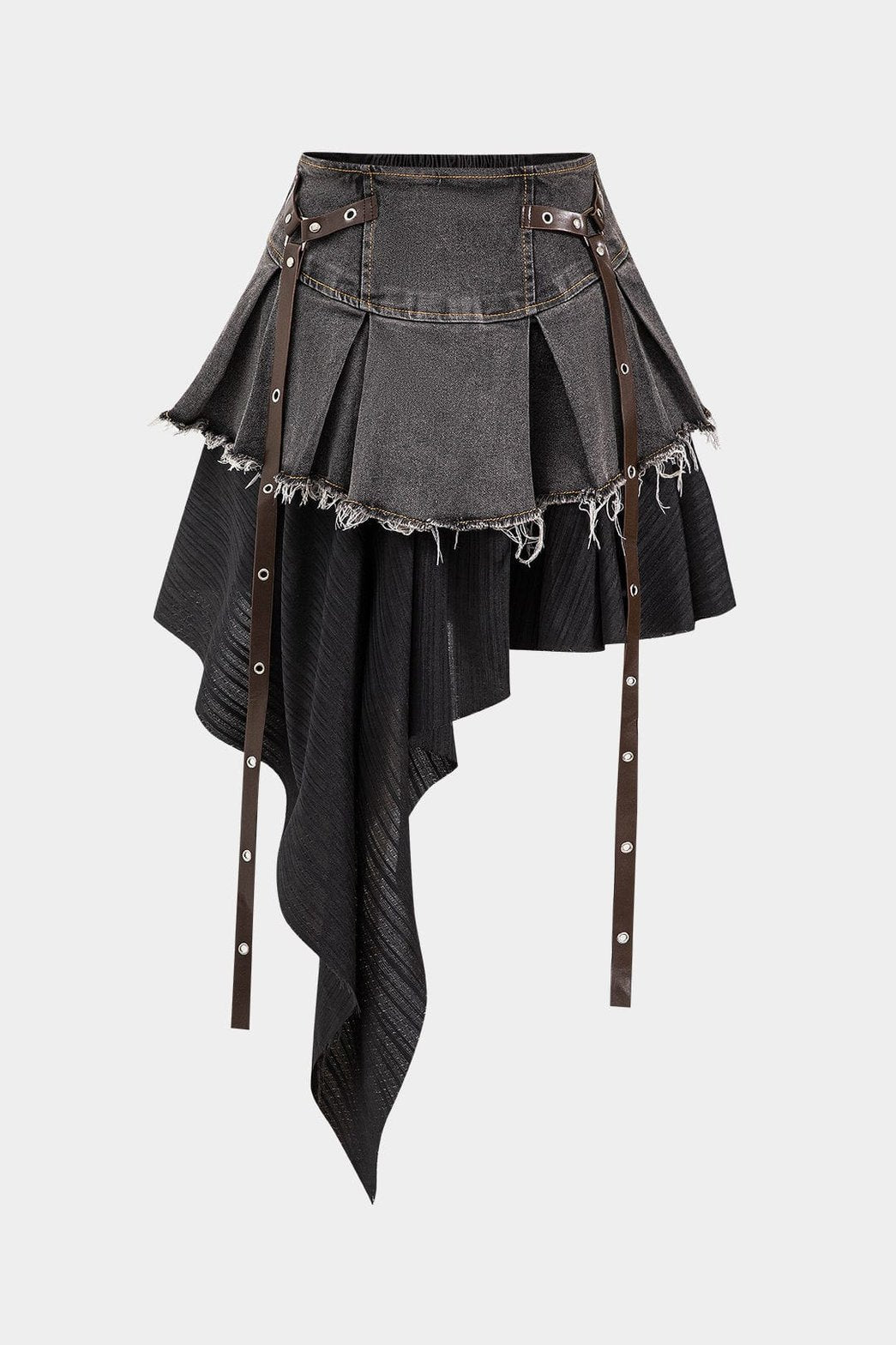 Jupe denim patchwork asymétrique vue trois-quarts pluie