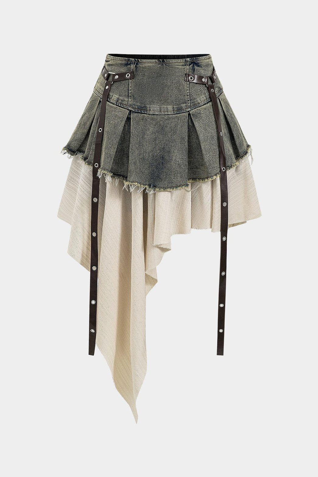 Jupe denim patchwork asymétrique vue de face soleil