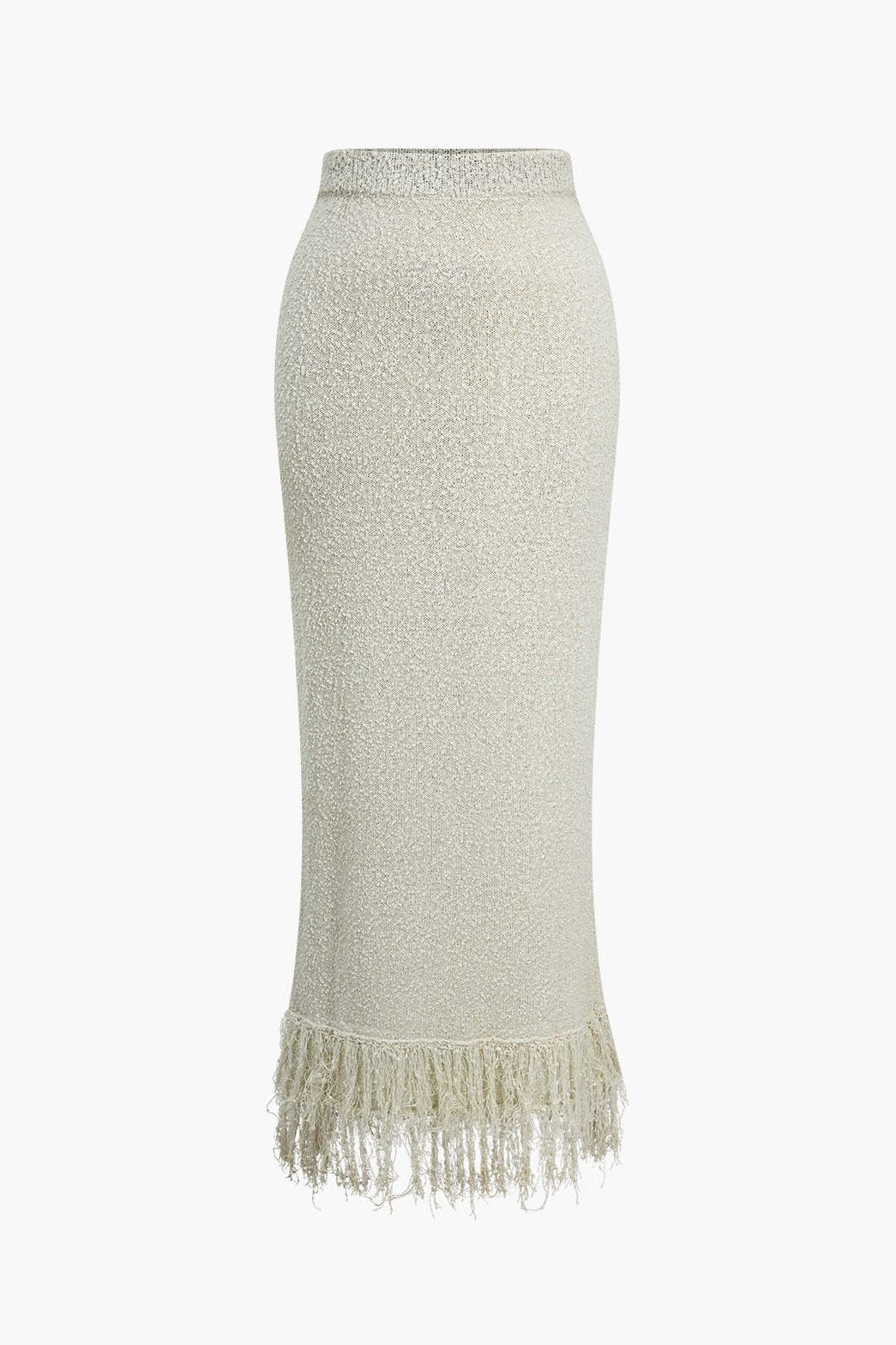 Jupe longue tricotée beige à franges soleil