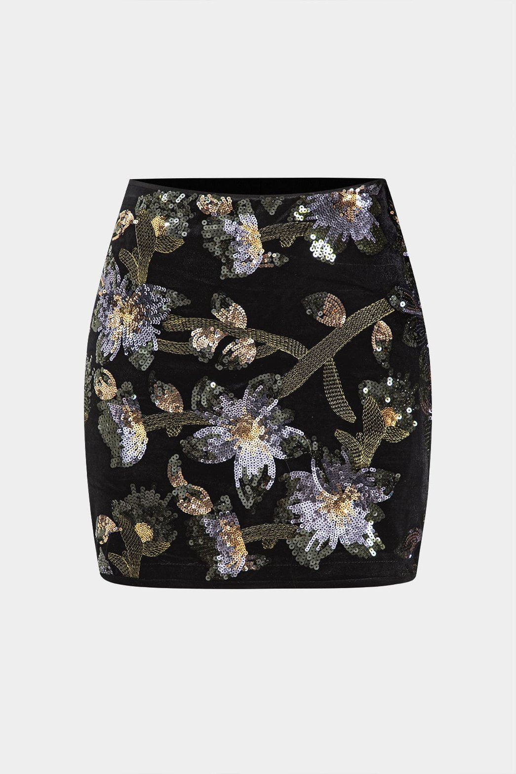 Jupe-short velours noir à sequins floraux étincelant