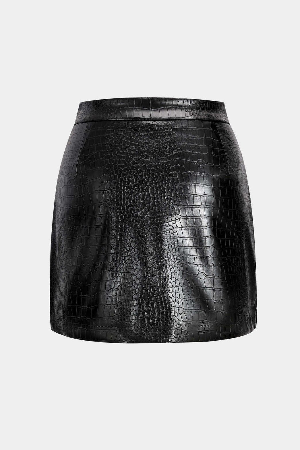Jupe courte effet croco noire vue de dos soleil
