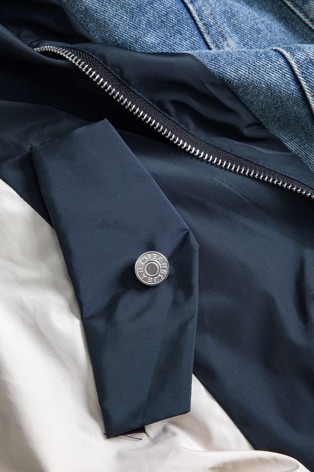 Manteau denim patchwork oversize détail manche vent