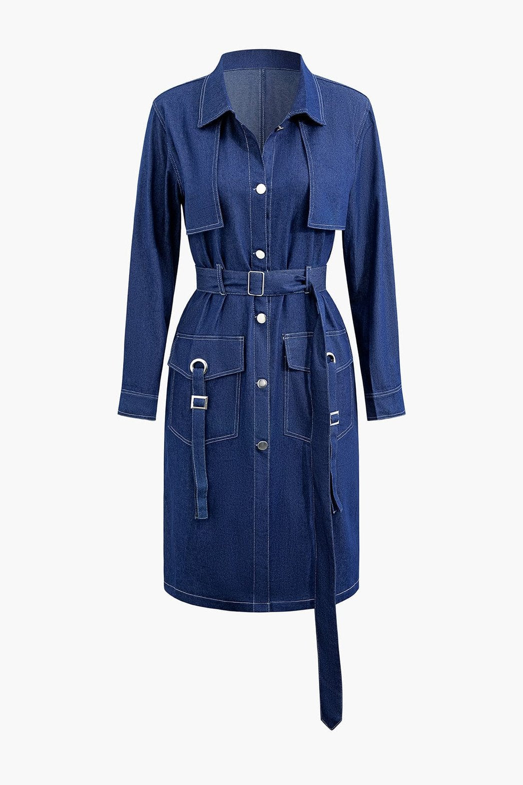 Manteau denim bleu ceinturé vue de face soleil