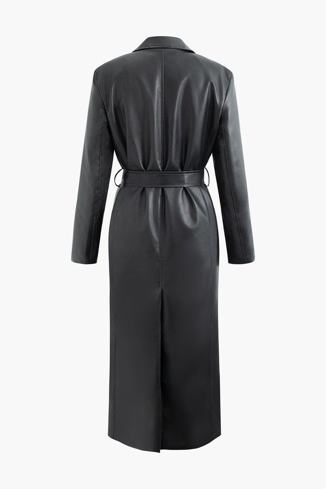 Manteau long noir ceinturé vue de face grâce