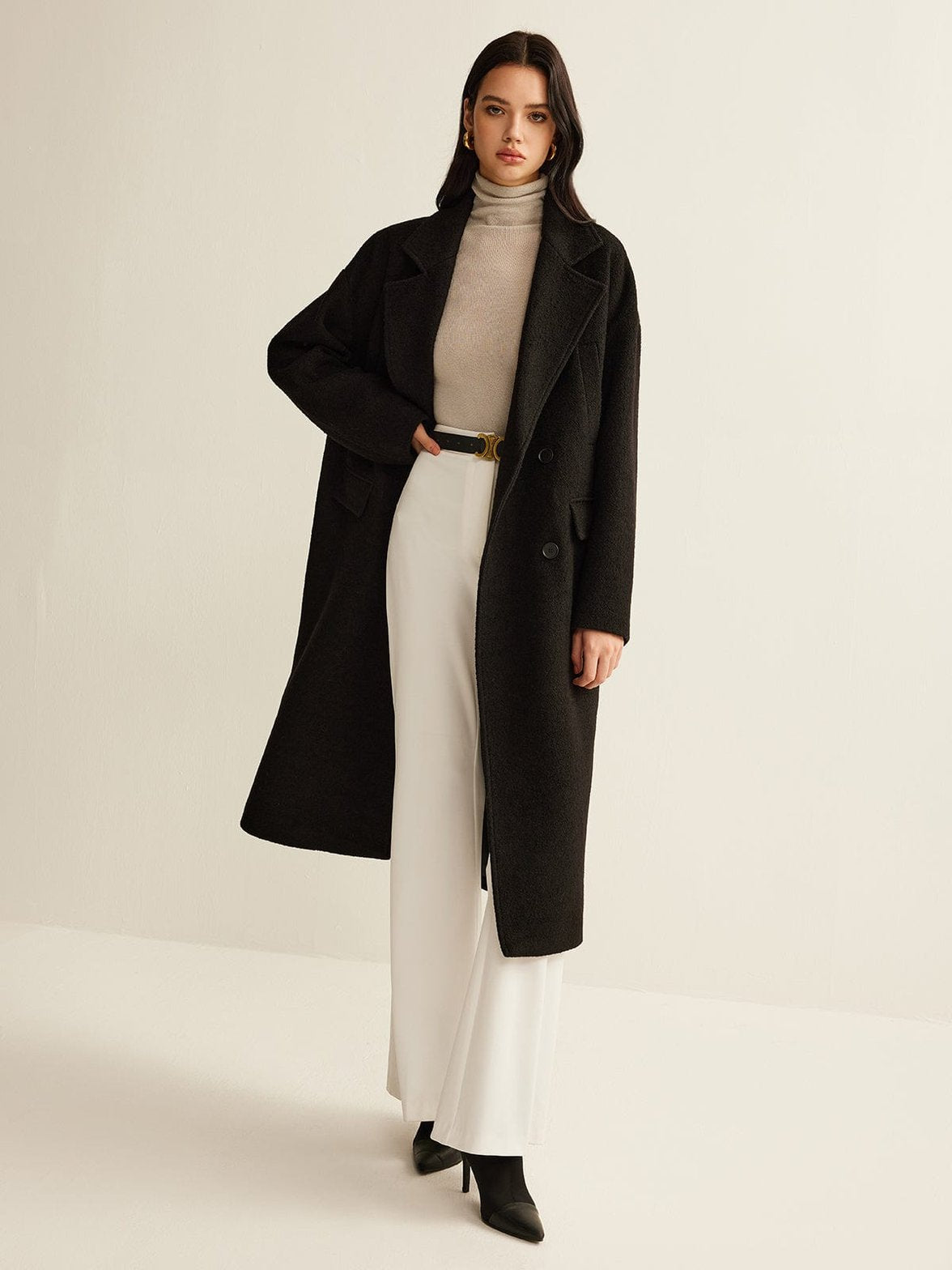 Manteau long tweed noir profil pluie