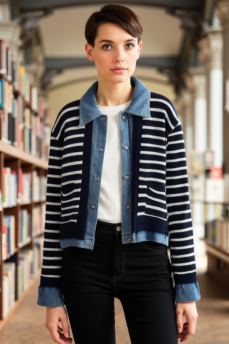 Manteau rayé denim et tricot élégant doux
