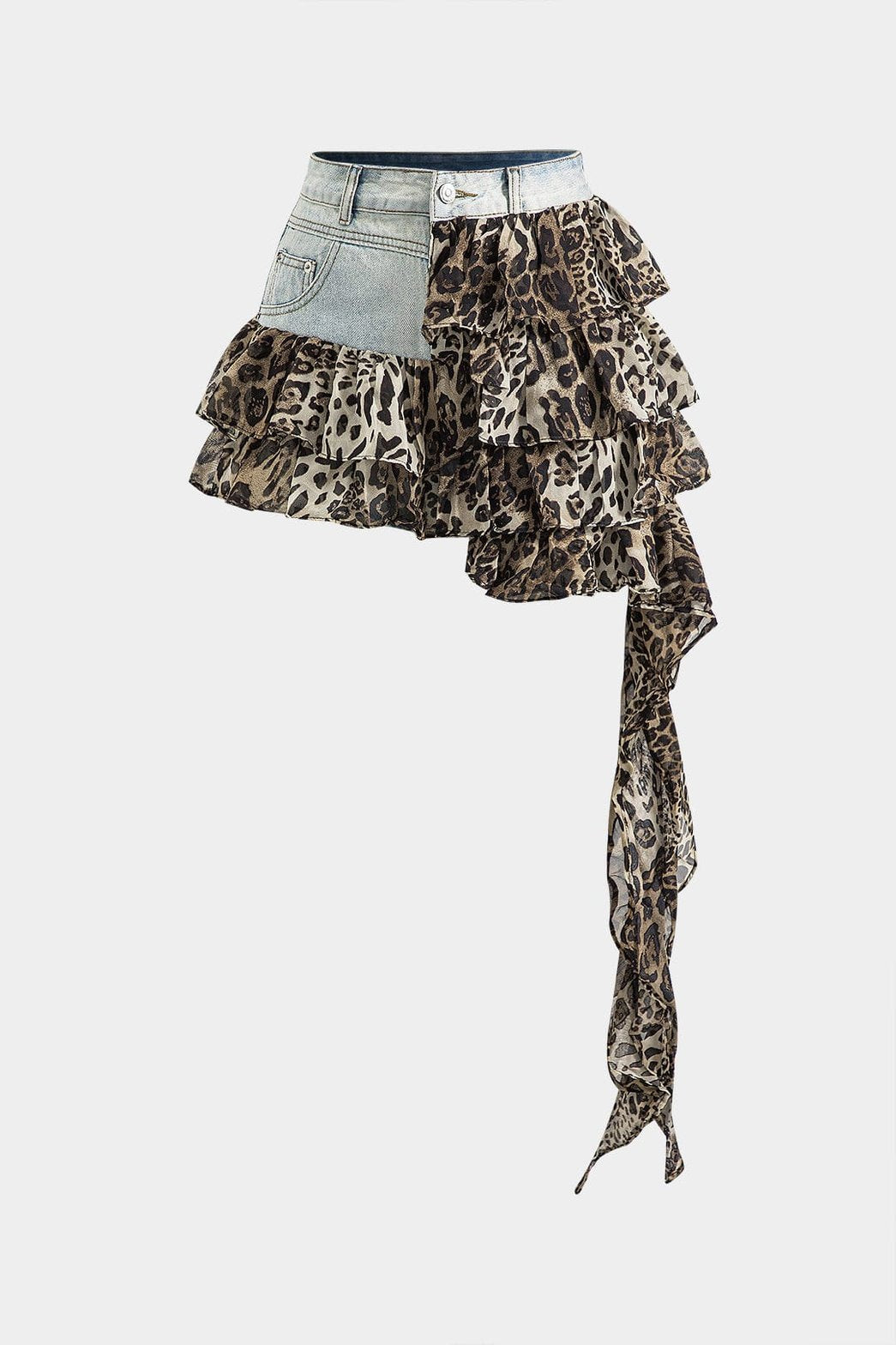 Mini jupe denim et volants léopard vue de face soleil
