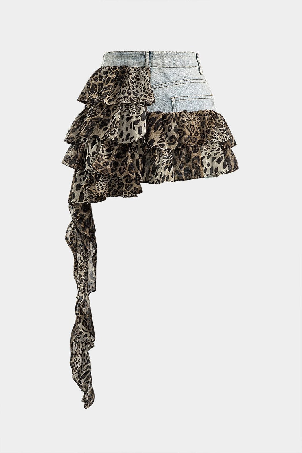 Mini jupe denim et volants léopard vue de côté étoile