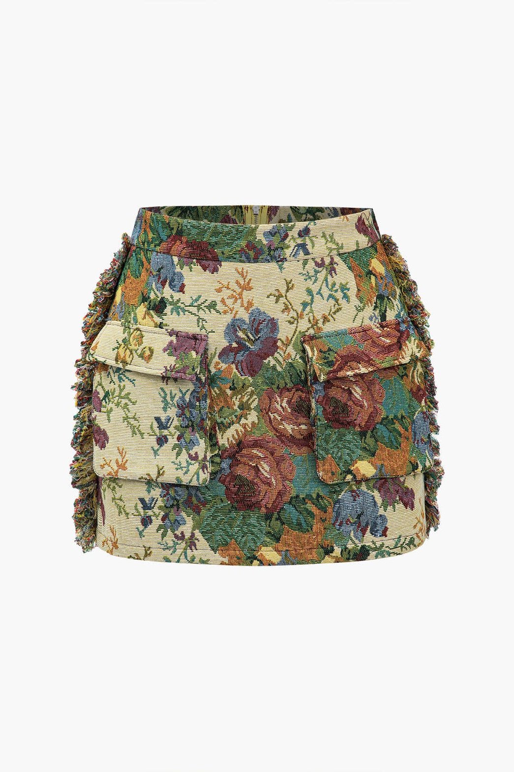 Mini-jupe jacquard fleurie avec franges papillon