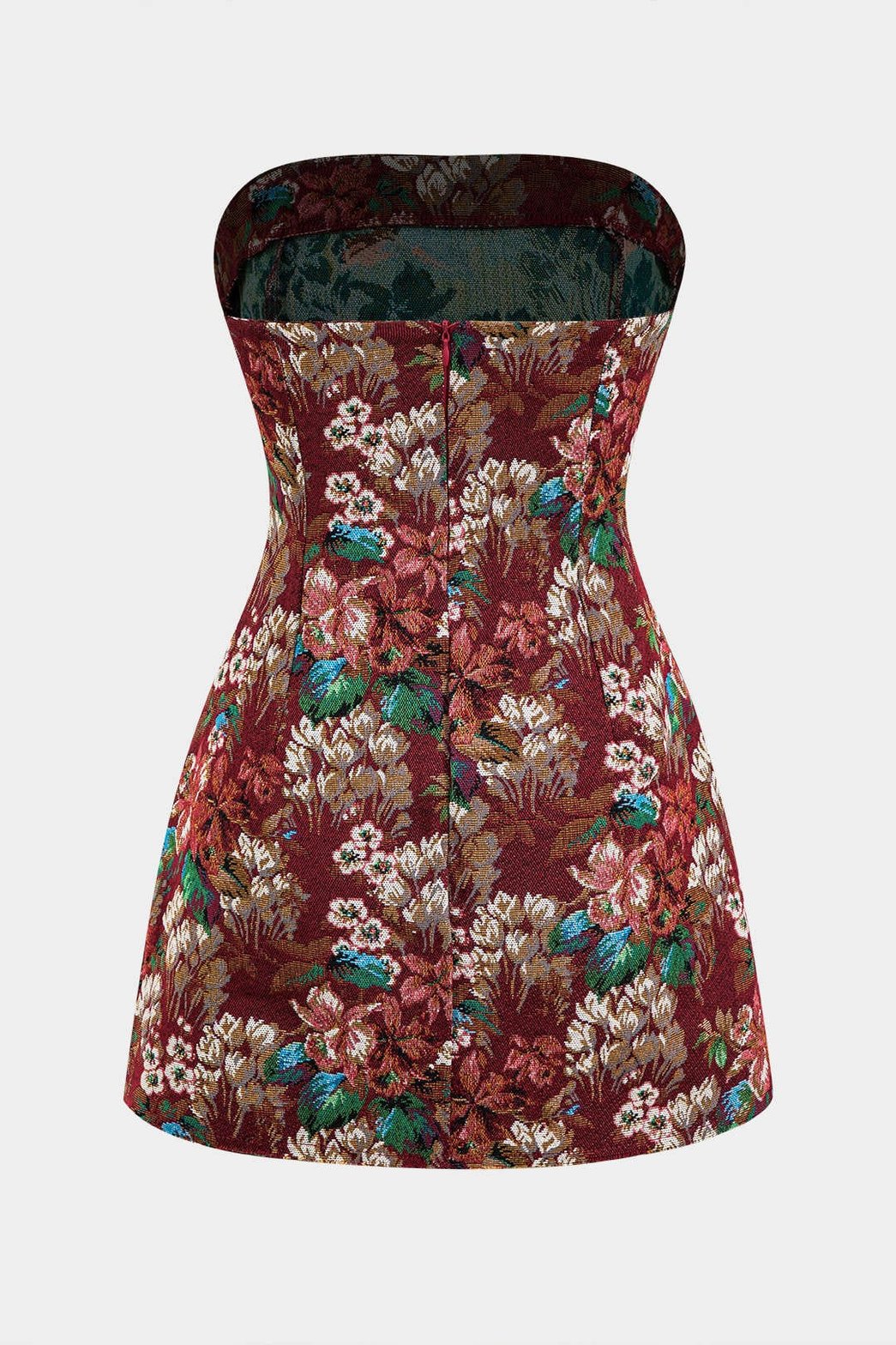 Vue de dos robe bustier jacquard florale soleil