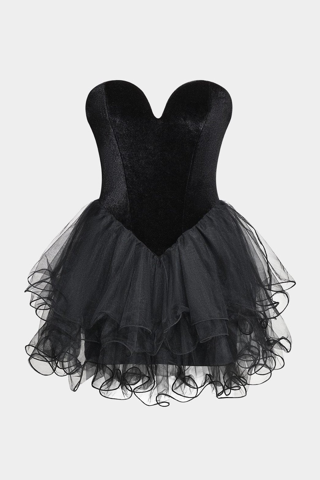 Robe bustier noire en velours et tulle vue de face magique