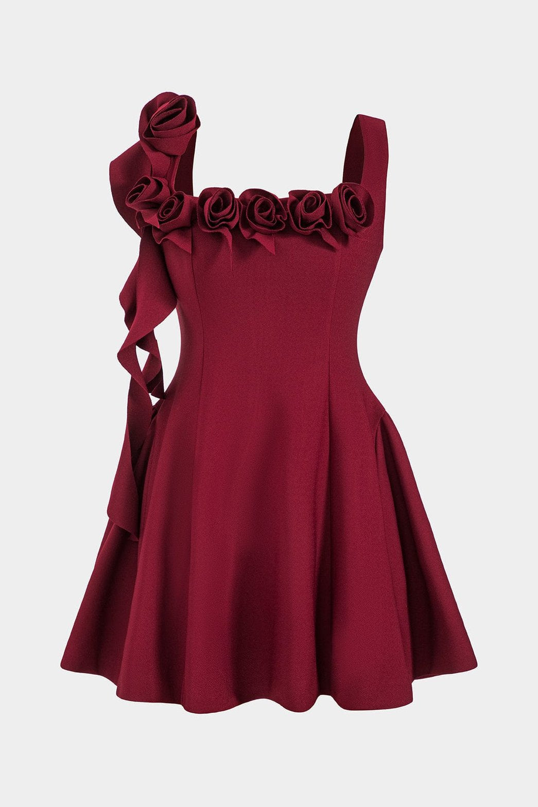 Robe mini bordeaux avec fleurs 3D décorative vue de face charme