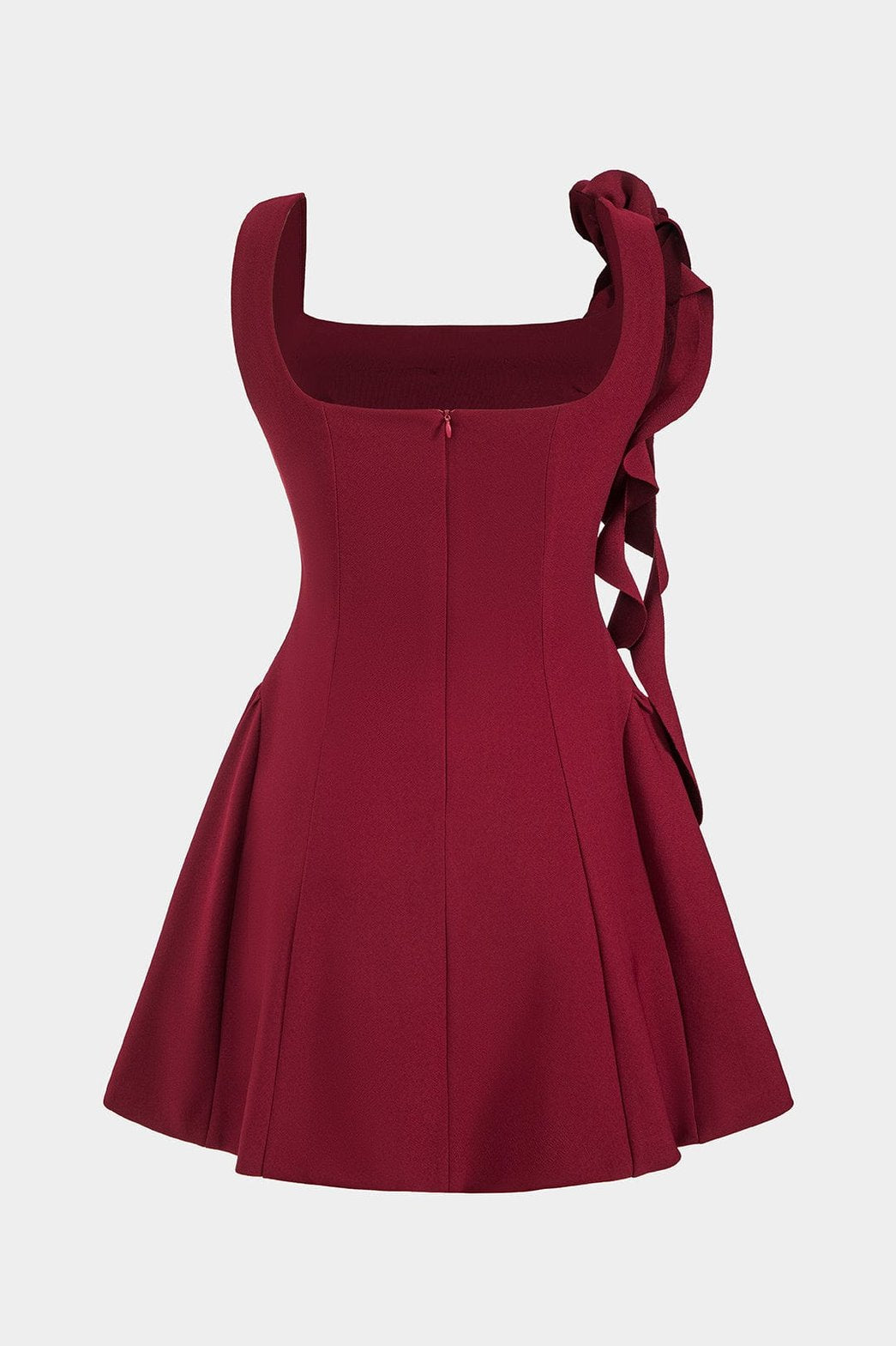 Robe mini bordeaux avec fleurs 3D vue de dos élégance