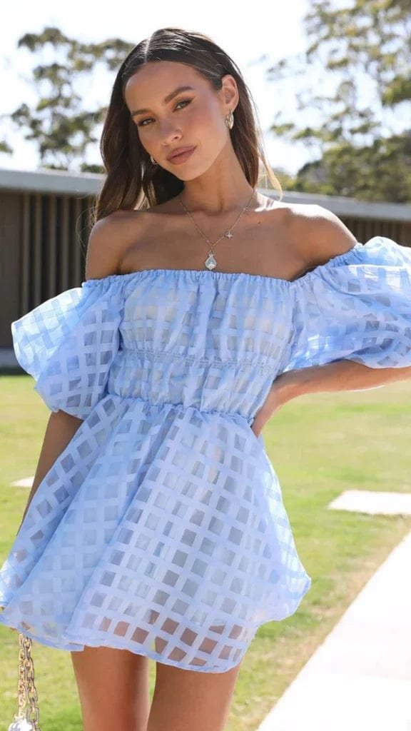 Mini robe bleue à manches bouffantes soleil