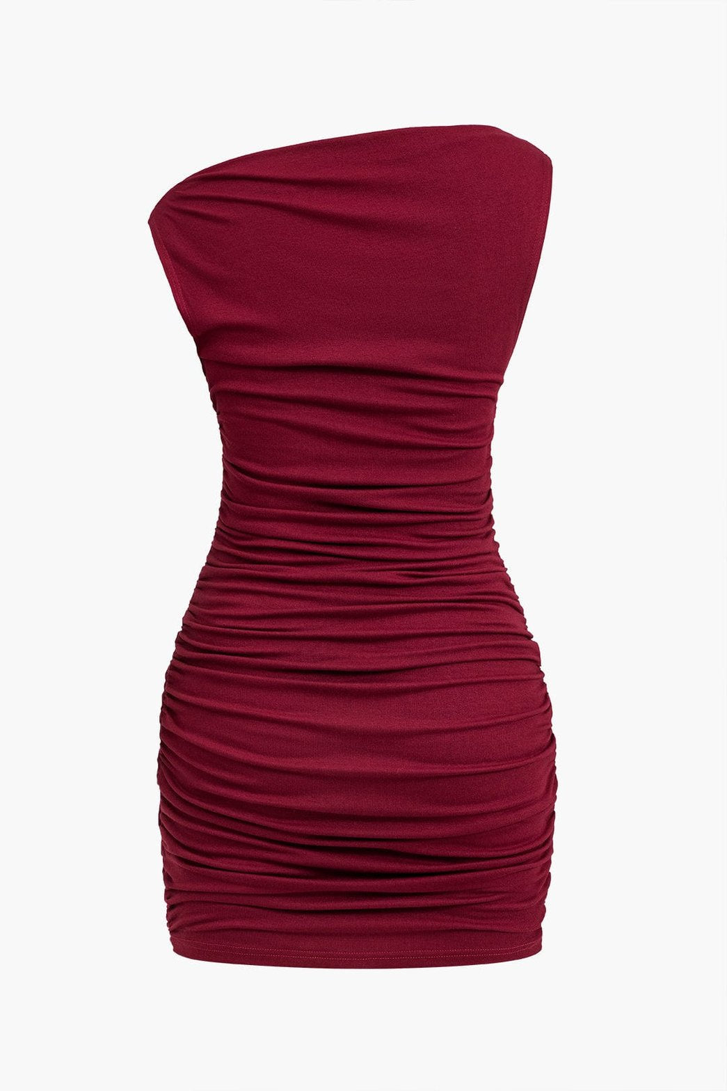 Mini robe moulante asymétrique bordeaux vue de côté soleil