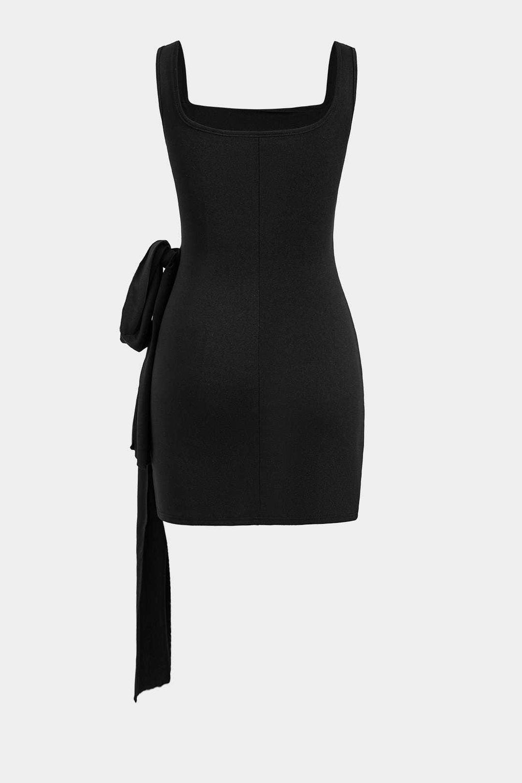 Robe courte drapée noire vue de dos soleil