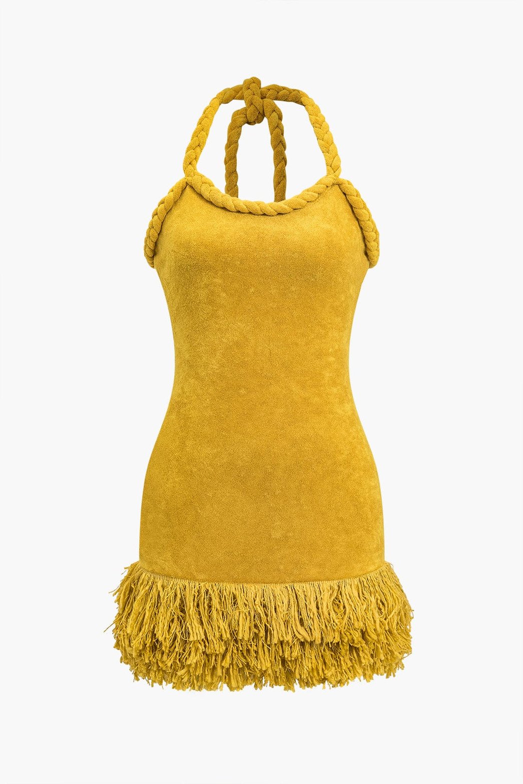 Mini robe moulante jaune à franges soleil