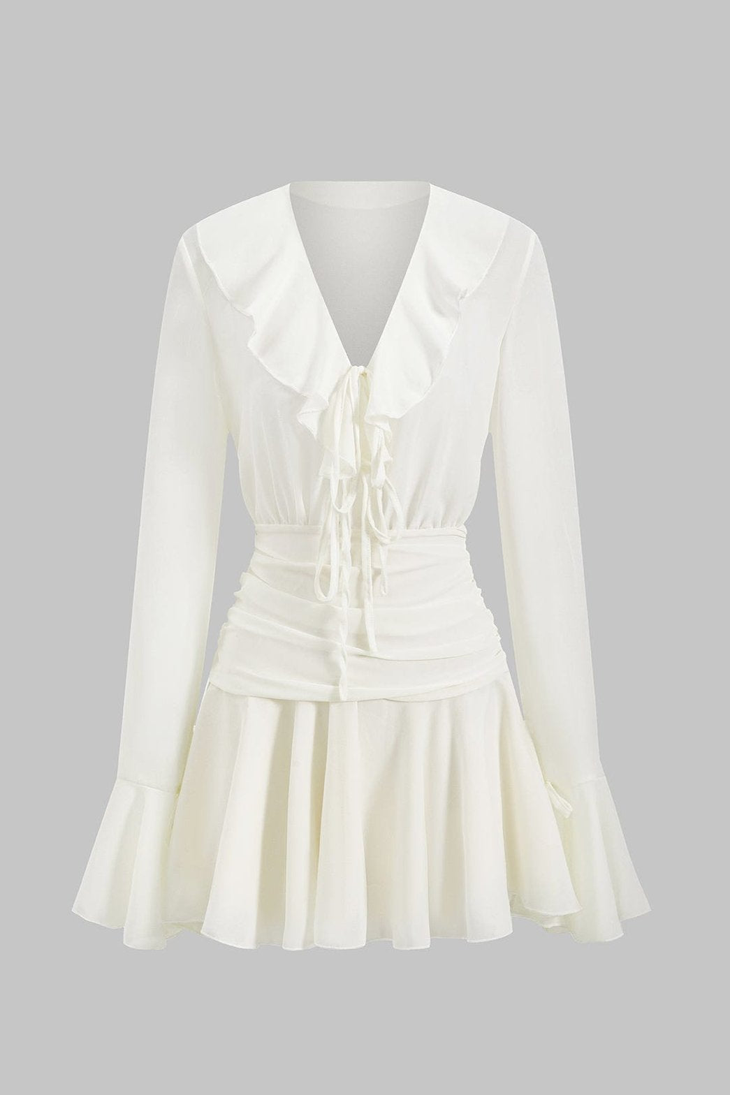 Robe mini blanche à volants vue de face papillon