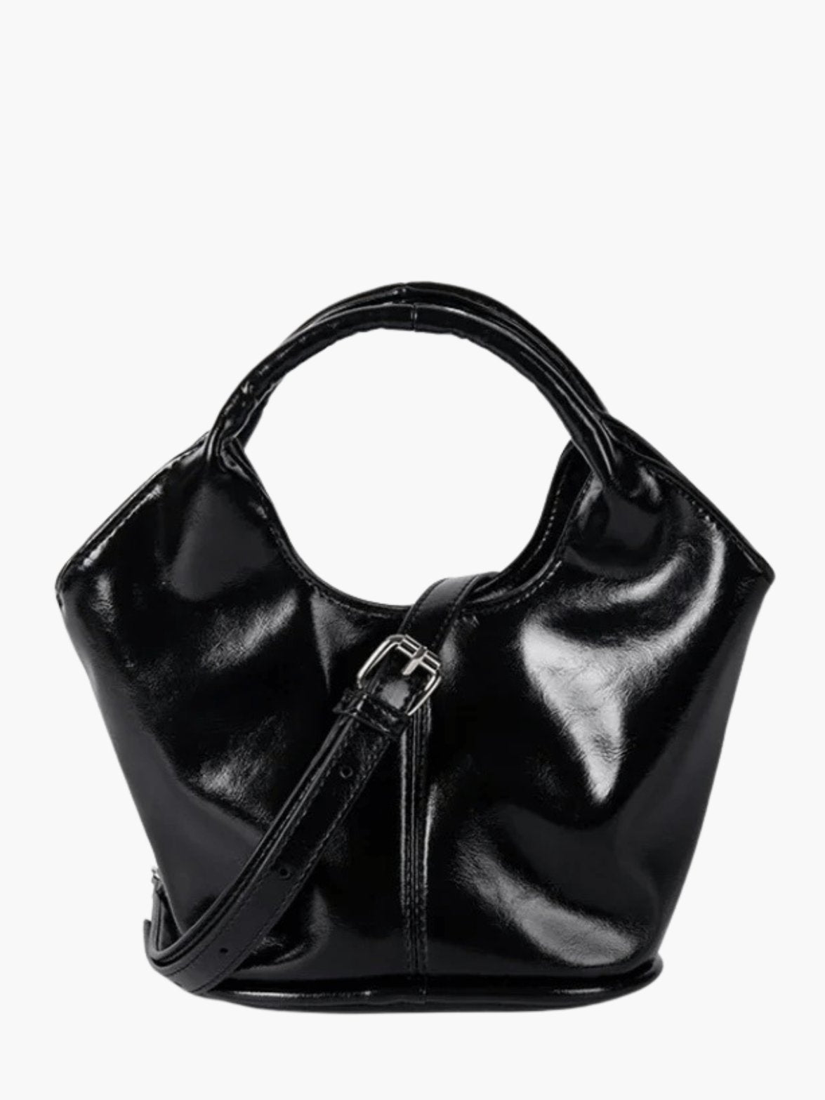 Sac seau noir en cuir brillant papillon