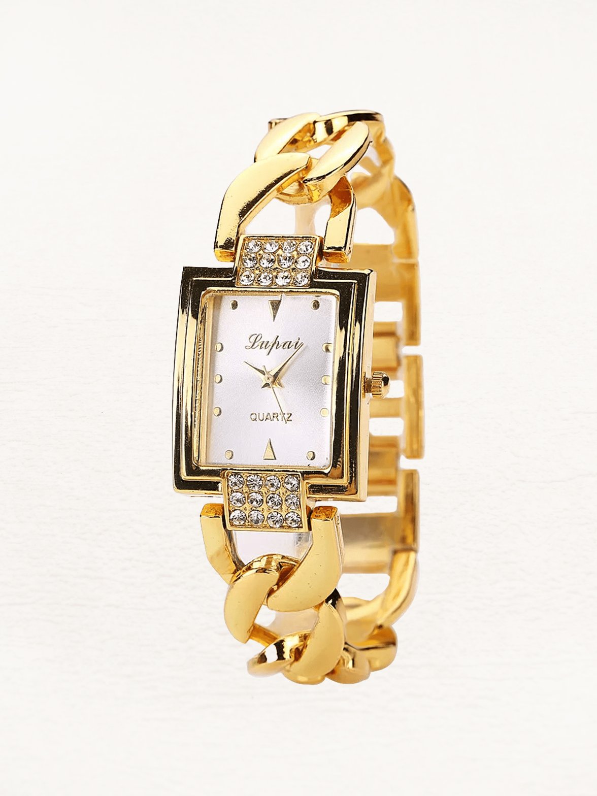 Montre carrée dorée avec cristaux étincelant