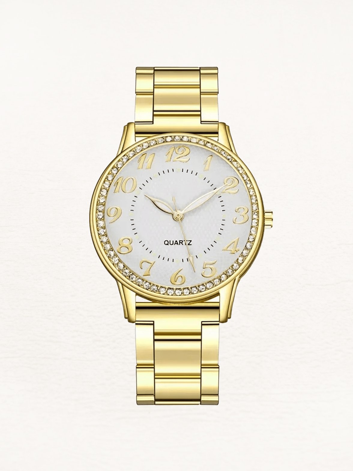 Montre dorée avec cristaux étincelants cadran blanc étoile