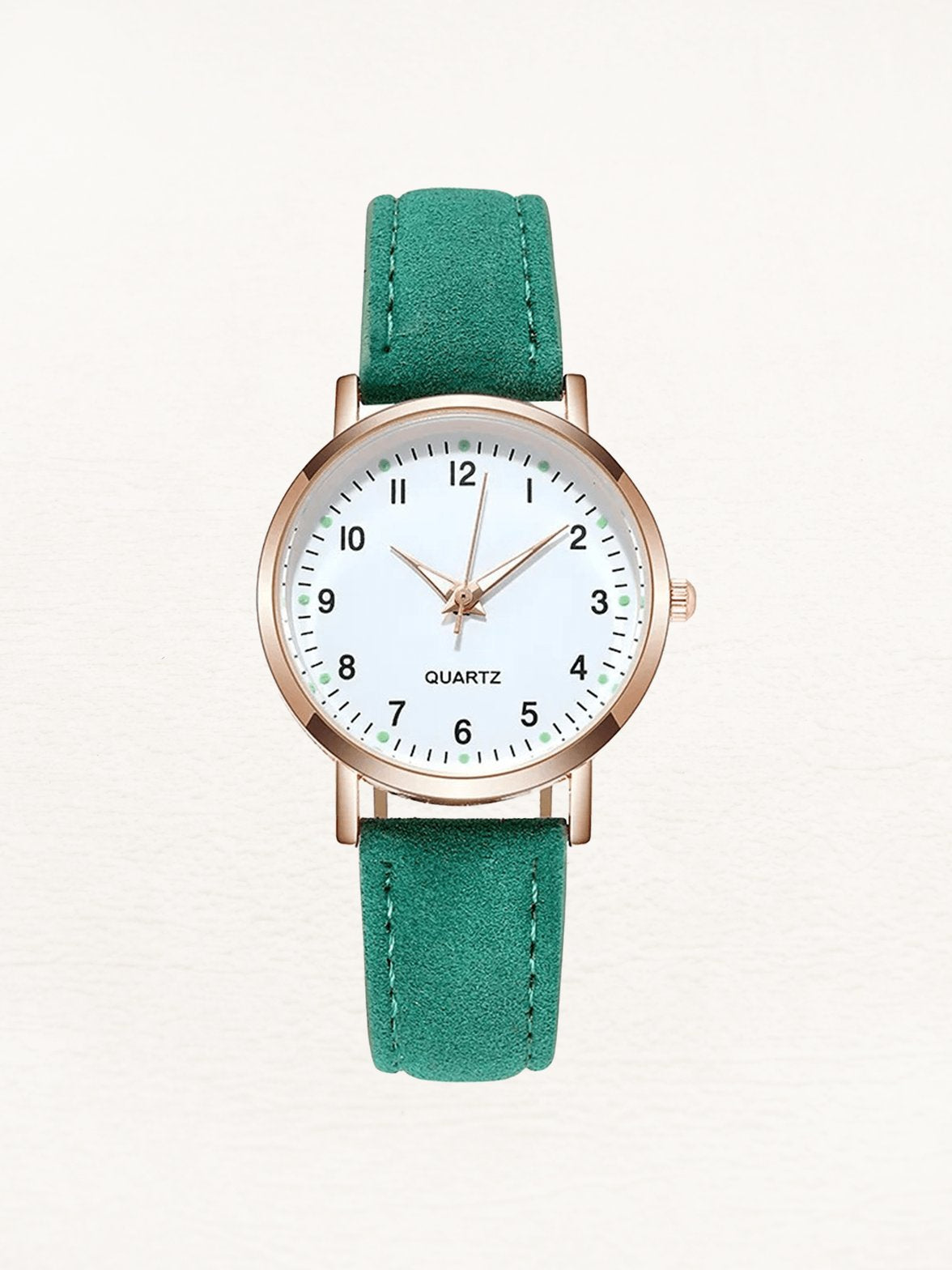 Montre élégante Valeria or rose avec bracelet cuir vert émeraude