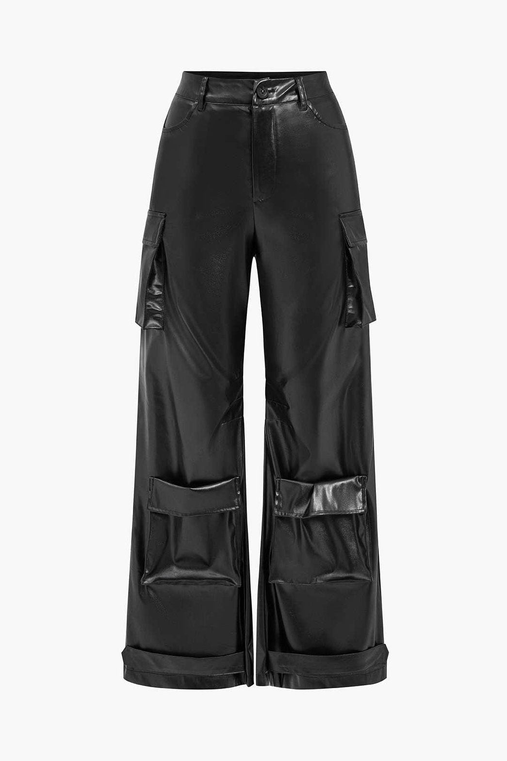 Pantalon cargo en simili-cuir noir avec poches latérales brillant