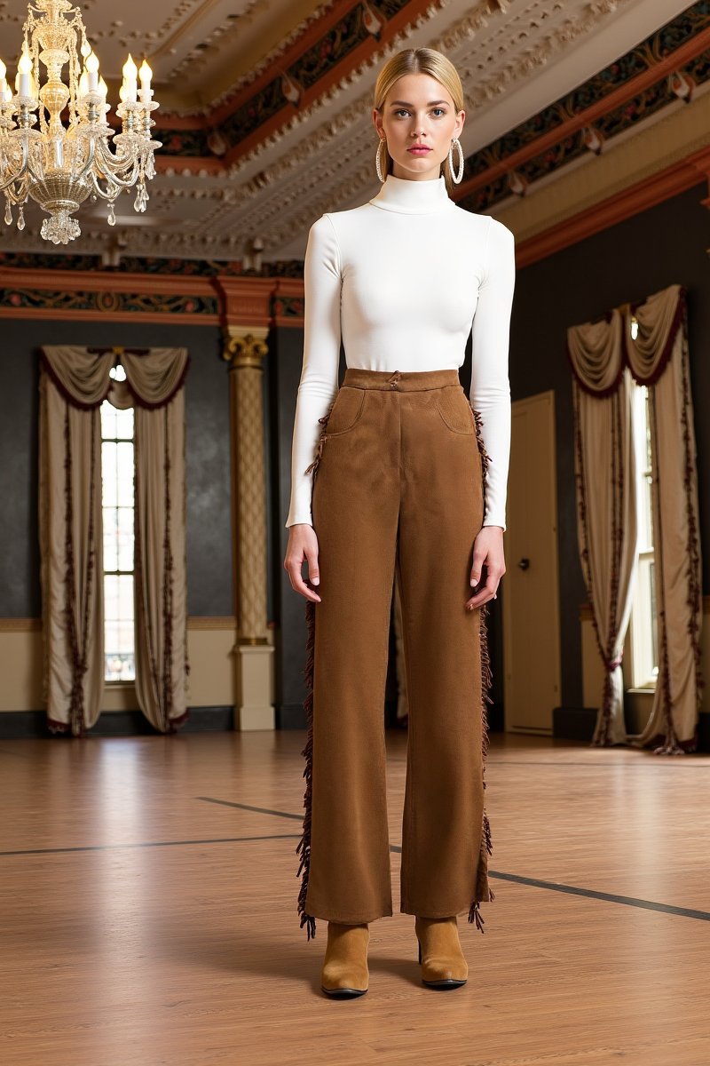 Pantalon à franges marron vue de face soleil