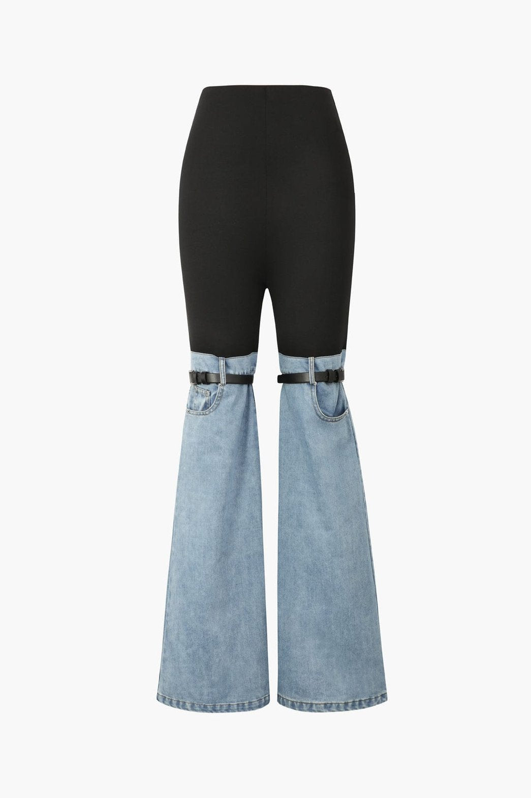 Pantalon évasé bimatière denim et noir soleil