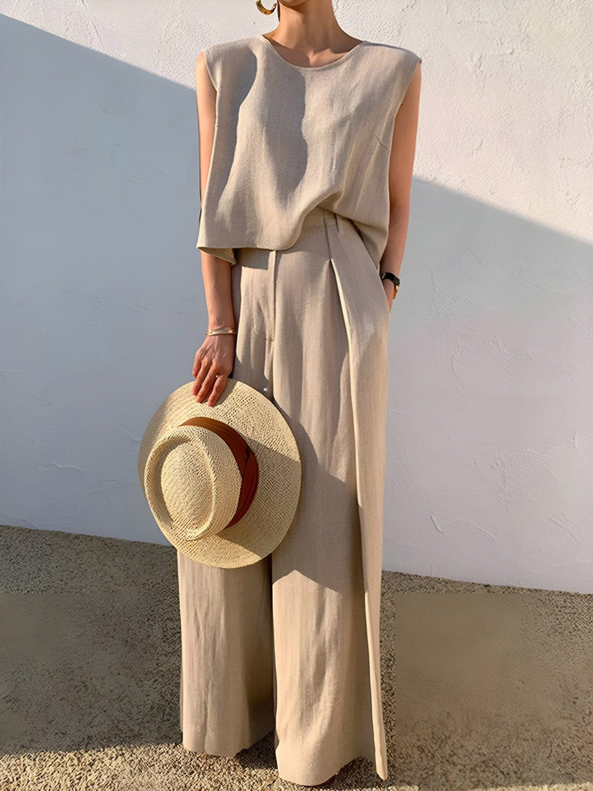 Pantalon lin beige élégant soleil