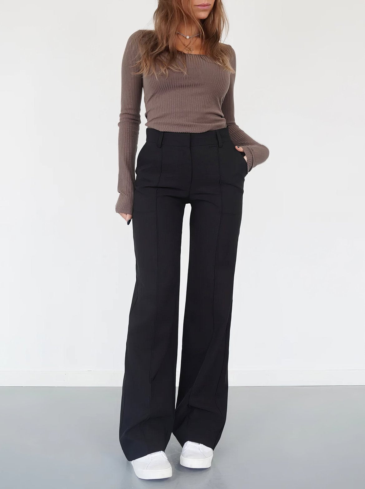 Pantalon large taille haute noir soleil