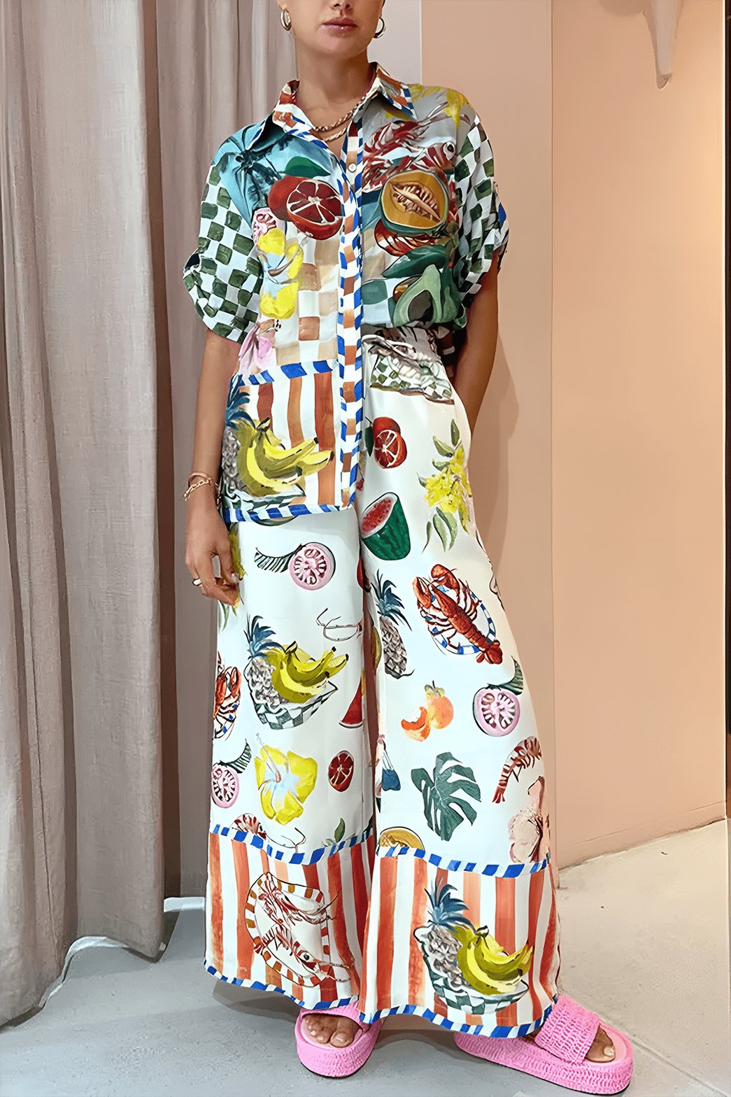 Pantalon tropical motif fruits soleil