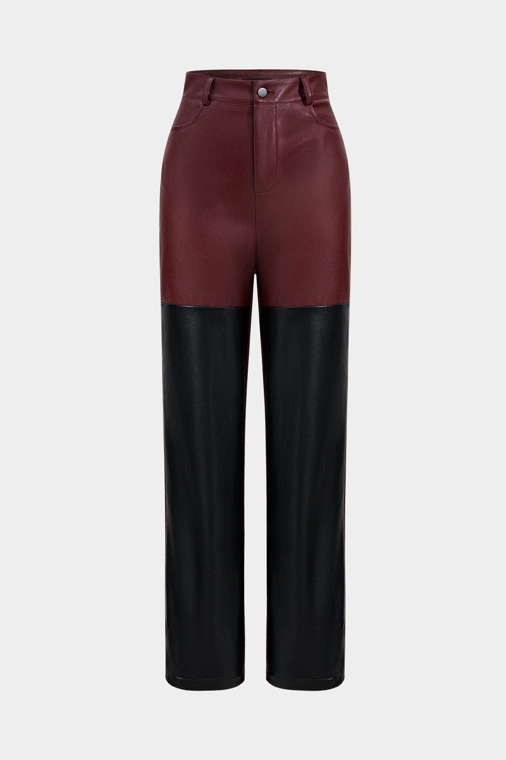 Pantalon bicolore en simili cuir bordeaux et noir soleil