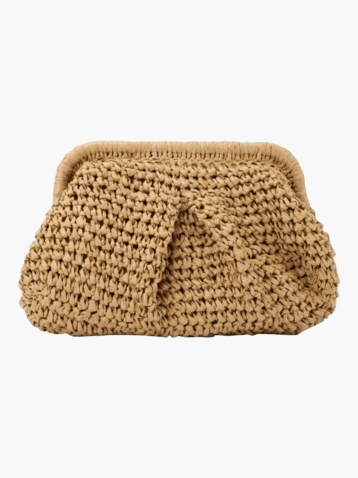 Pochette tressée en paille beige vue de face soleil