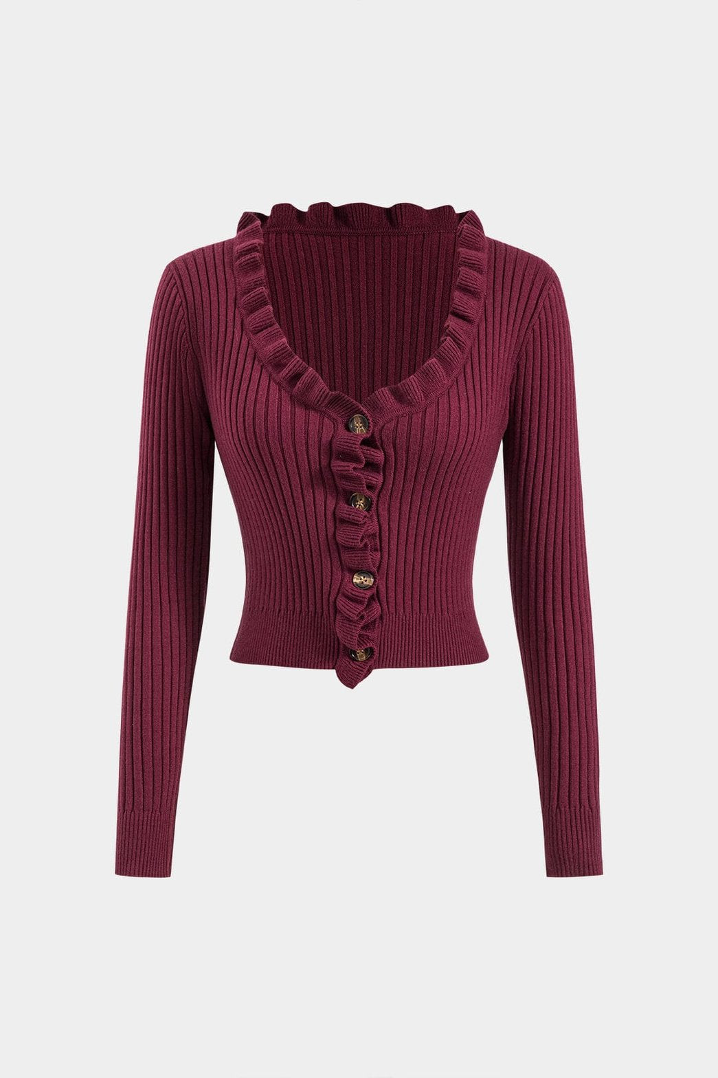 Pull côtelé bordeaux boutonné avec volants doux