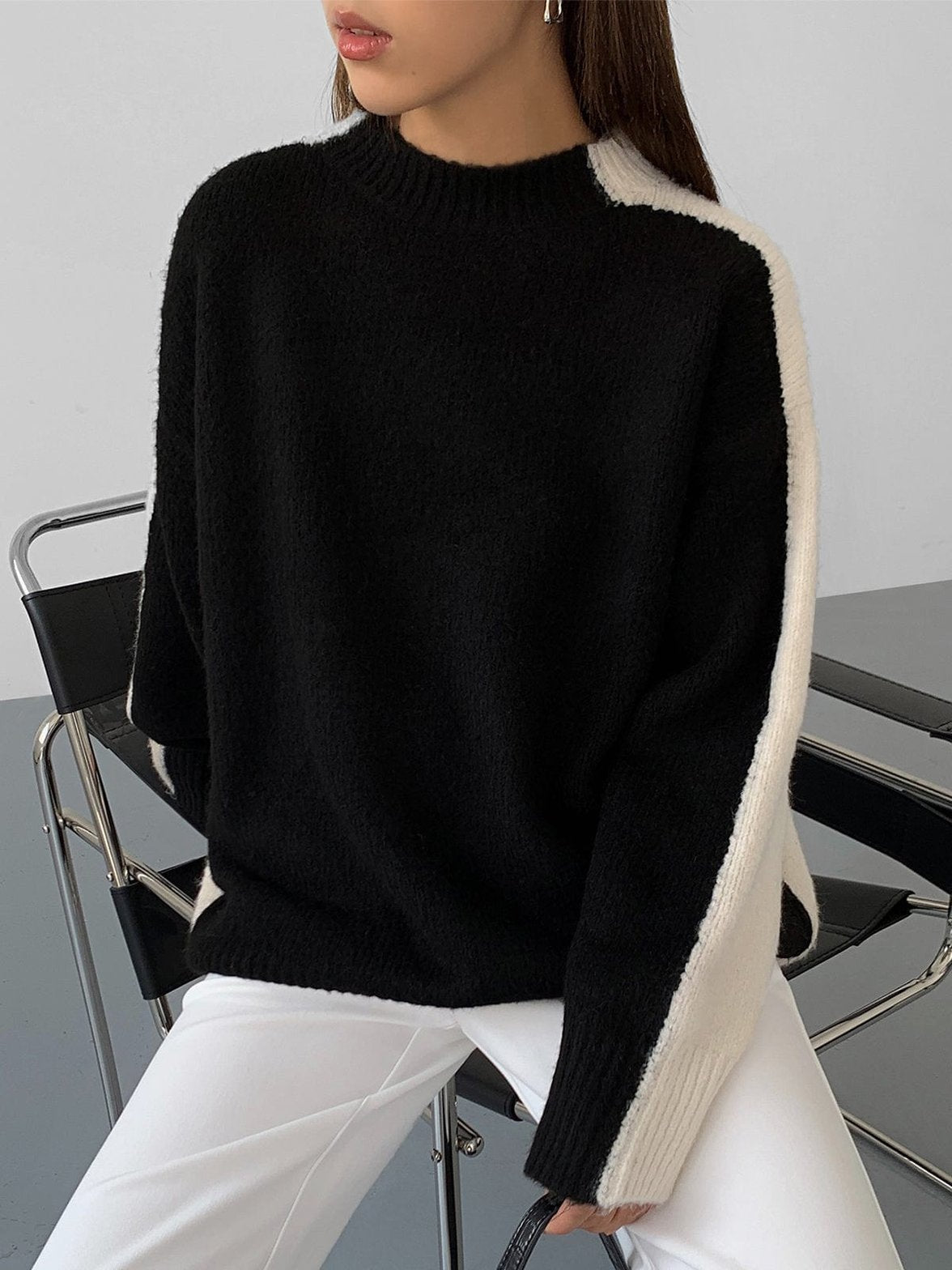 Pull casual noir bande blanche harmonie