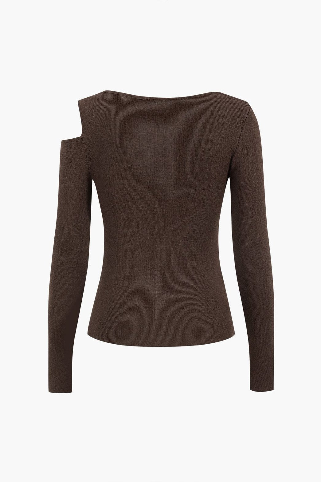 Pull tricot asymétrique marron vue de dos soleil