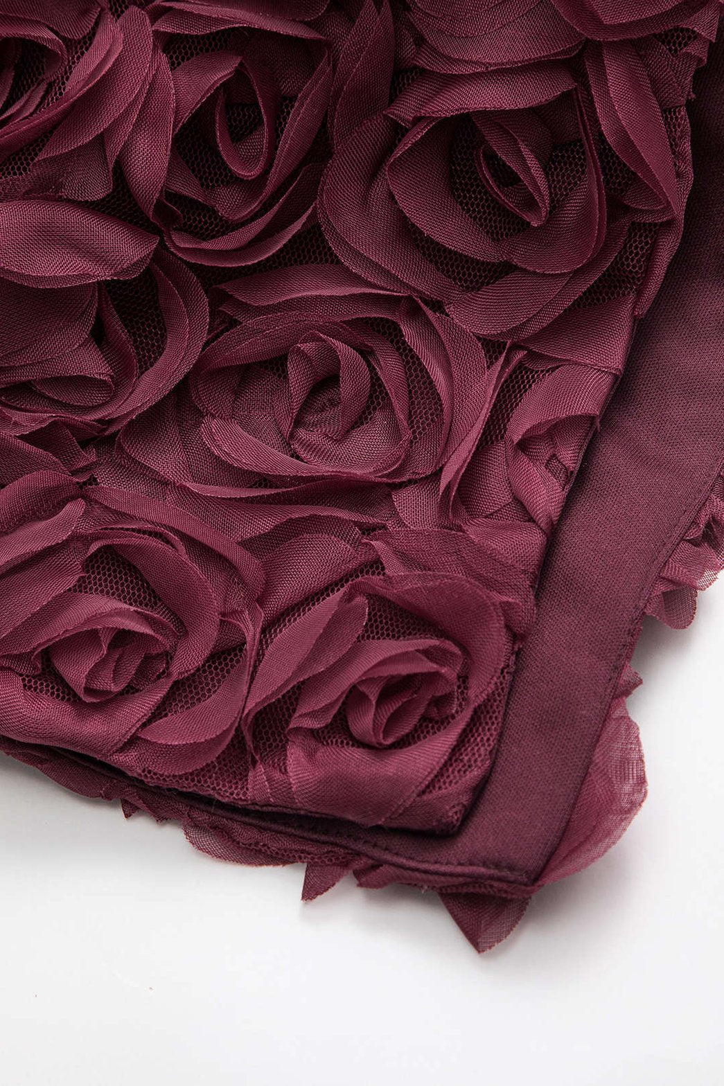 Robe bustier midi bordeaux fleurs 3D mousseline