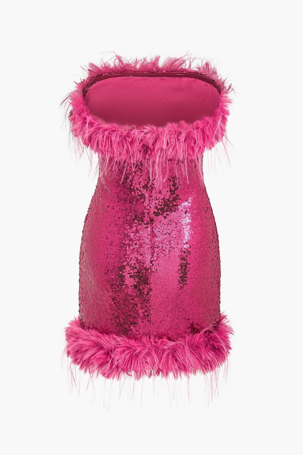 Robe moulante à paillettes et plumes rose vif crystal