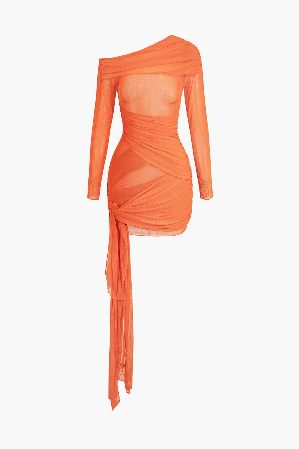 Robe asymétrique drapée orange néon soleil