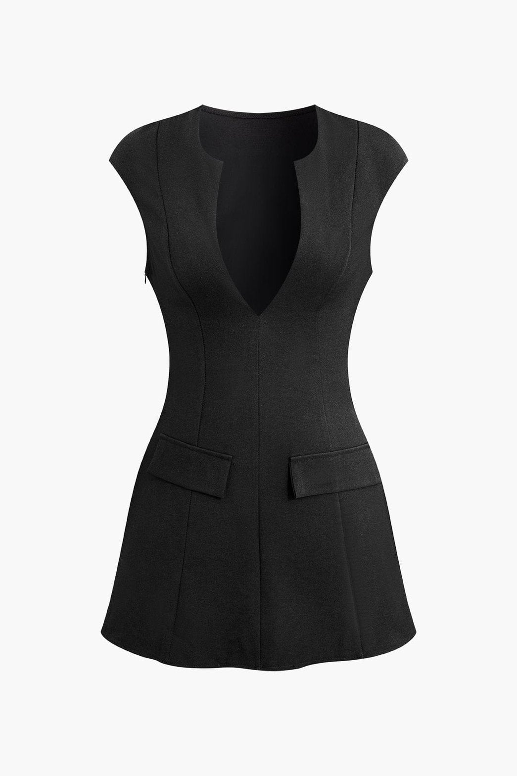 Robe courte noire col V plongeant vue de face soleil